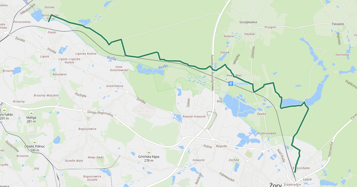 Zielony szlak rowerowy nr 10 Rybnik Żory mapa Velomapa pl